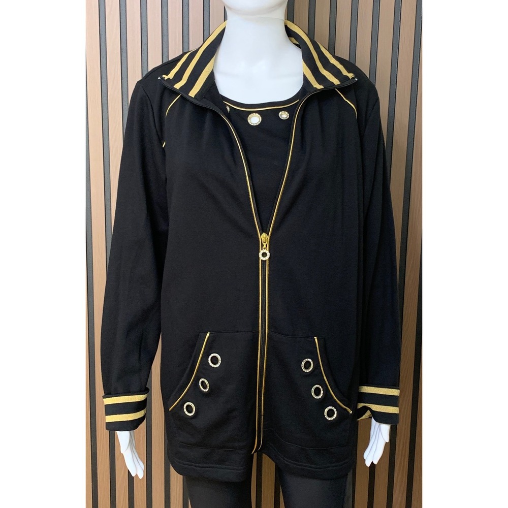 Quacker Factory Women's Black Gold Zip Jacket Tank Set Rhinestone Grommet M